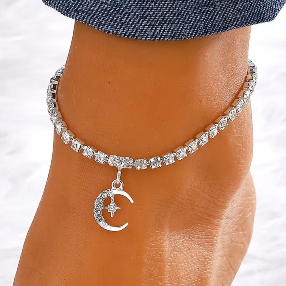 NEW Sterling 925 Silver Elegant Diamond Moon Pendant Anklet